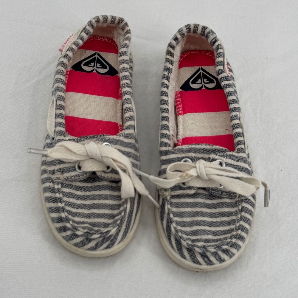 Roxy Girls Navy & White Striped Canvas Boat Shoes Slip On Loafers Size 11 Kids